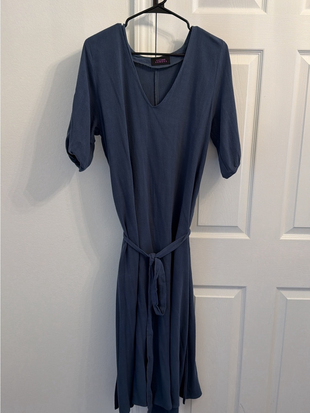 Suzanne Somers Navy V-Neck Midi Dress with Tie Waist